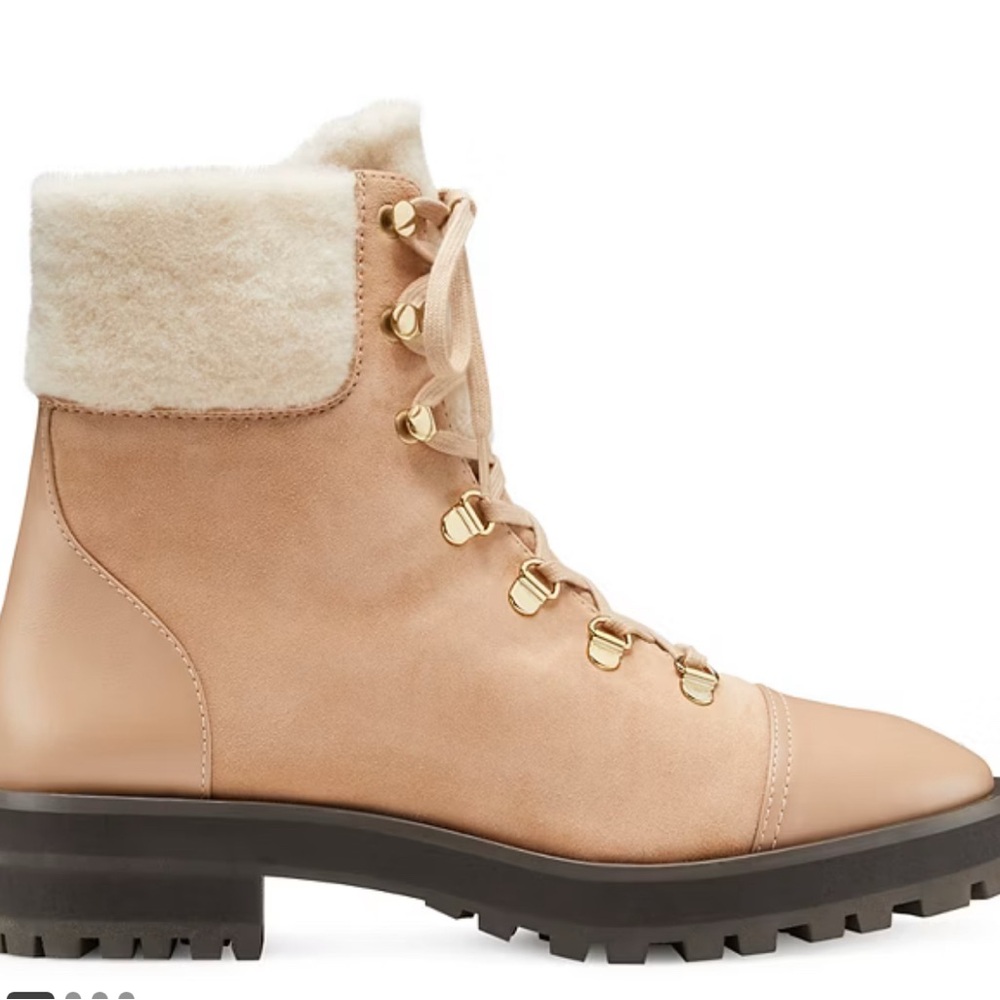 Alpine Cozy Combat Booties. 
Chic Beige Ankle Boots with Fur Trim